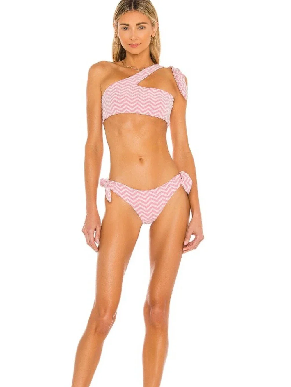 Lovers + Friends Pink/White Sweet Chevron "Shayk" One-Shoulder Tie Bikini Sz XS - Picture 5 of 10